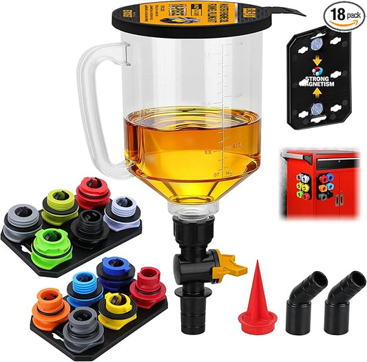 18-Piece No Spill Engine Oil Funnel Kit, 1.59QT/ 1.5L Automotive Coolant Funnel Set, 12 Adapters, Elbow Fitting, Arrow Screen & Magnetic Tray, Compatible with GM, Ford, BMW, Audi, Land Rover Etc by ELEAD