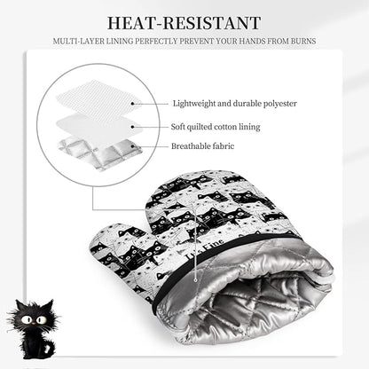 Black Cat Oven Mitts and Pot Holders Sets 3PCS, Cat Silicone Heat Resistant Oven Mitts Birthday Gifts for Cats Lover, Cute Cats Pot Holder Non-Slip Silicone Oven Gloves for Mom Wife Sister BFF