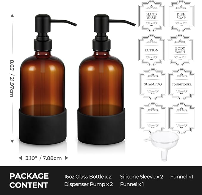 16 oz Hand and Dish Soap Dispenser Set for Kitchen and Bathroom, 500ml Amber Glass Soap Dispenser with Stainless Steel Pump, Non-Slip Silicone Sleeves, Labels - 2 Pack
