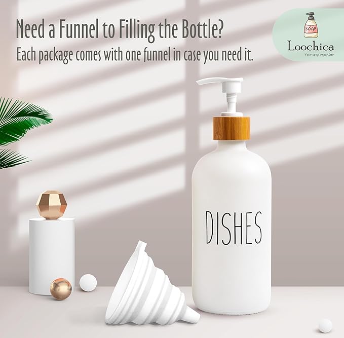 LOOCHICA Dish White Glass Soap Dispenser with Plastic Pump, 16 Oz White Dish Soap Dispenser Set Refillable Reusable Apothecary Soap Pump Dispenser Bottles for Bathroom and Kitchen - Image 7