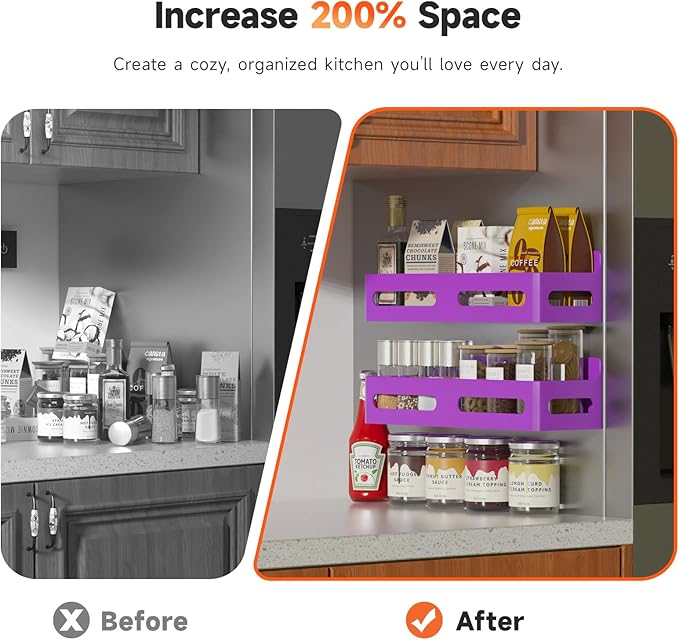 Sevenblue 4 Pack Strong Magnetic Spice Rack for Refrigerator, Multipurpose Magnetic Shelf for Fridge with 4 Hooks for kitchen and Bathroom Organization, Purple - Image 3