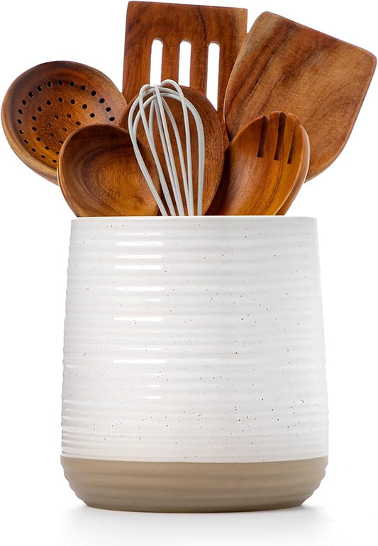 6.8" Large Ceramic Kitchen Utensil Holder - Utensil Holder for Kitchen Counter, Modern Farmhouse Style Holder for Spoons, Spatulas & Cooking Tools (White) by Officepal