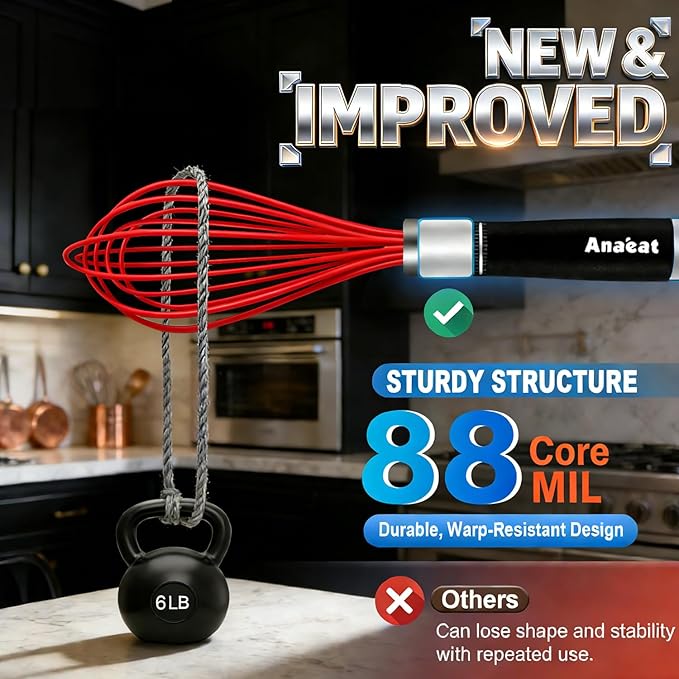 Anaeat Silicone Kitchen Whisk Set of 4, Perfect for Non-Stick Cookware, Milk and Egg Beater Blender for Whisking, Cooking, Baking, Beating - 11'' Flat Whisk and 9''+11''+12'' Balloon Whisks (Red) - Image 6