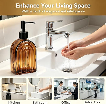 Amber Glass Soap Dispenser with Plastic Pump, 13.5Oz Refillable Liquid Farmhouse Soap Dispenser for Hand and Dish Set for Bathroom Countertop Decor