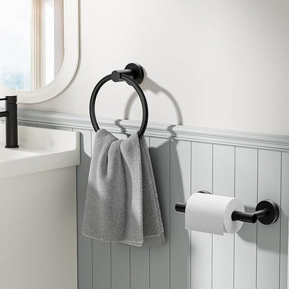 FORIOUS Toilet Paper Holder Wall Mount, SUS304 Stainless Steel Double Post Pivoting Tissue Roll Holder and Hand Towel Ring Set for Bathroom, RV, Bathroom Hardware Accessories Set, Matte Black