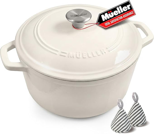 Mueller 6qt Enameled Cast Iron Dutch Oven, Heavy-Duty Casserole and Braiser Pan with Lid and Knob, Oven-Safe up to 500° F & Across All Cooktops, White by MUELLERHOME