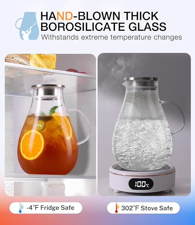 LUNA & MANTHA 1 Gallon Glass Pitcher with Lid, 128oz Glass Water Pitcher with Handle for Fridge, Borosilicate Large Water Jug, Iced Tea, Coffee and Sangria Hot/Cold Beverage (Extra-Wide Mouth) - Image 5