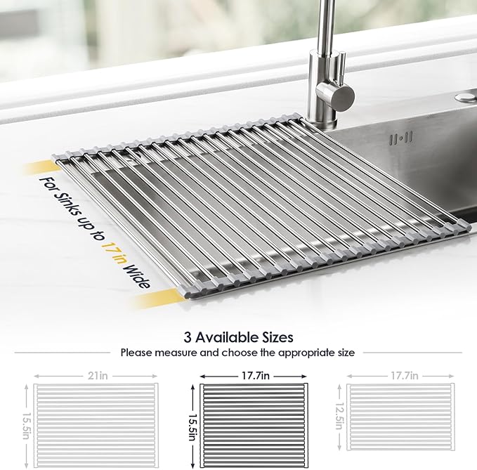 Tomorotec 17.7" x 15.5" Roll Up Dish Drying Rack Over Sink Drying Rack Sink Cover Kitchen Sink Accessories Gadget Multipurpose Organizer Foldable Stainless Steel Drainer (Grey) - Image 4