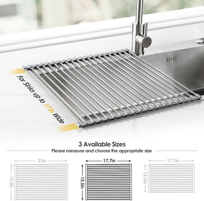 Tomorotec 17.7" x 15.5" Roll Up Dish Drying Rack Over Sink Drying Rack Sink Cover Kitchen Sink Accessories Gadget Multipurpose Organizer Foldable Stainless Steel Drainer (Grey) - Image 4