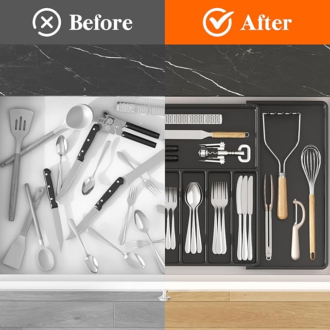 Lifewit Silverware Drawer Organizer, Expandable Utensil Tray for Kitchen, BPA Free Flatware and Cutlery Holder, Adjustable Plastic Storage for Spoons Forks Knives, 18- 33 x 18.5", Black - Image 6