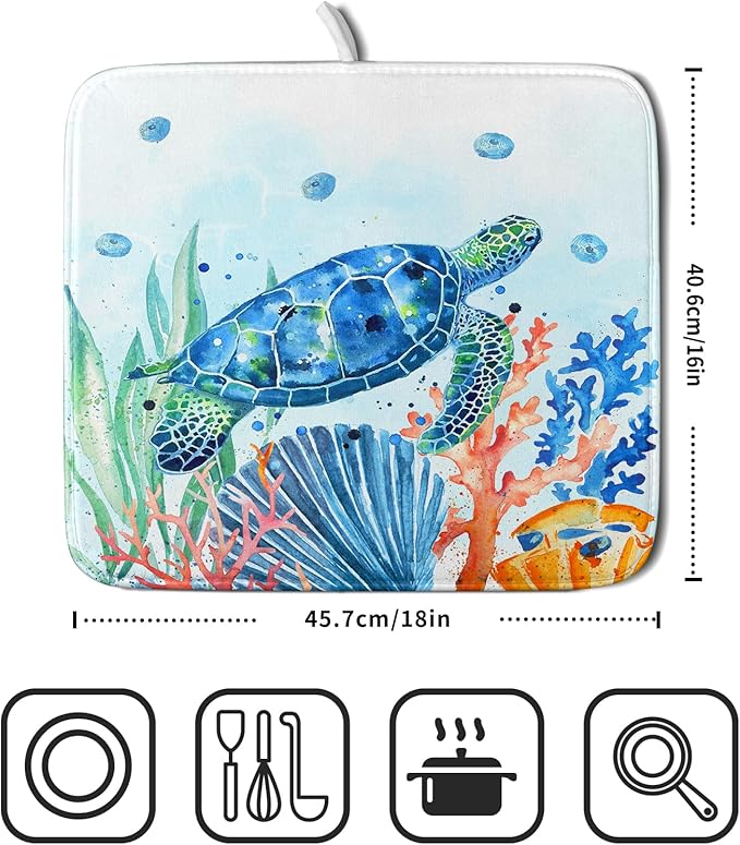 Giwawa Sea Turtle Dish Drying Mat 16x18in Watercolor Blue Tortoise Dish Drainer Mats Nautical Ocean Coral Seashell Seaweed Microfiber Dish Drying Pad for Kitchen Countertop Small Decor