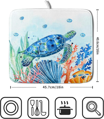 Giwawa Sea Turtle Dish Drying Mat 16x18in Watercolor Blue Tortoise Dish Drainer Mats Nautical Ocean Coral Seashell Seaweed Microfiber Dish Drying Pad for Kitchen Countertop Small Decor