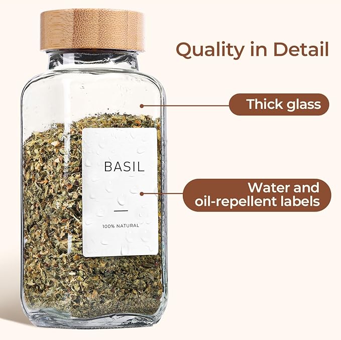 ComSaf 8 oz 6Pcs Glass Spice Jars with Label, Empty Spice Containers with Bamboo Lids, Square Seasoning Containers Trial and Supplement Set, Small Seasoning Bottles for Salt, Herbs, Sugar, Pepper - Image 4