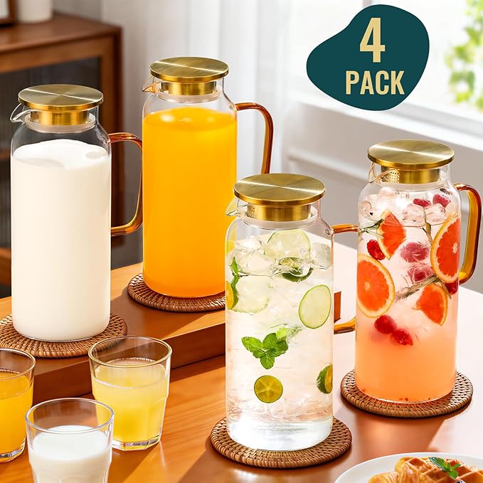4 Pack 2 Liter/68 oz Glass Pitcher with Lid, Water Pitchers with Handle for Fridge, Large Jug for Iced Tea, Coffee, Borosilicate Glass Carafe for Hot/Cold Brew Drink and Homemade Beverage, Gold - Image 2