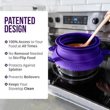 L.I.Q Silicone Splatter Guard – Fits 8 and 10 Inch Pots (20 and 25 Centimeters) – Microwave Safe and Durable SplatterDom - Includes 8” Lid - Food and Oil Splash Guard (Violet, Small)