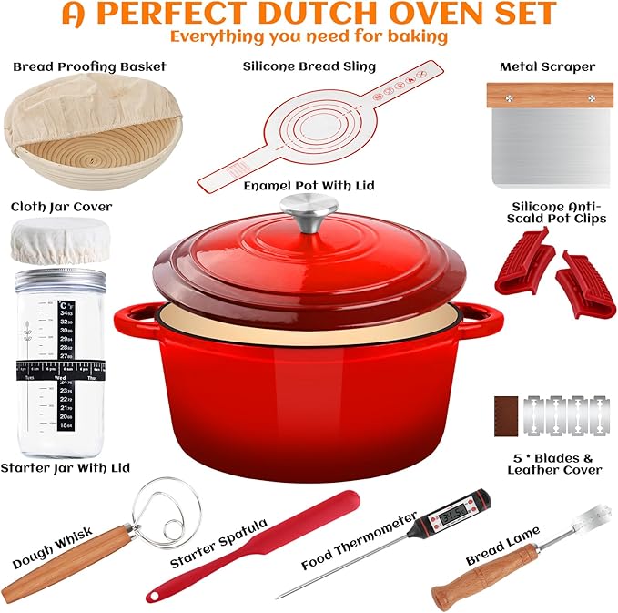 Enameled Cast Iron Dutch Oven Pot with Lid, Incl. Sourdough Bread Baking Supplies Like Banneton Bread Proofing Basket, Starter Jar, Bread Lame, 5QT Dutch Oven for Bread Baking, Oven Safe up to 500°F - Image 2