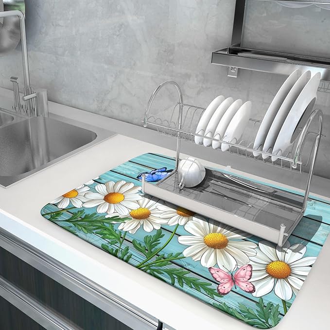 Spring Summer Daisy Flowers Dish Drying Mat for Kitchen Counter 18”x24” Rustic Daisy Absorbent Dish Drying Mat Reversible Microfiber Dish Drainer Rack Fast Drying Mat for Countertops Tableware Decor