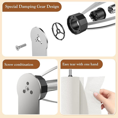 Paper Towel Holder Under Cabinet + Towel Robe Hooks, Single Hand Operable Under Cabinet Paper Towel Holder with Damping Effect Adhesive Wall Mount Paper Towel Rack for Bathroom Kitchen(Silver) - Image 8