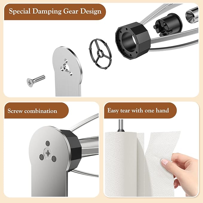 2 Pack Paper Towel Holder Under Cabinet + 2 Towel Robe Hook, Single Hand Operable Under Cabinet Paper Towel Holder, Adhesive Wall Mount Paper Roll Holder for Bathroom Kitchen(Silver) - Image 7