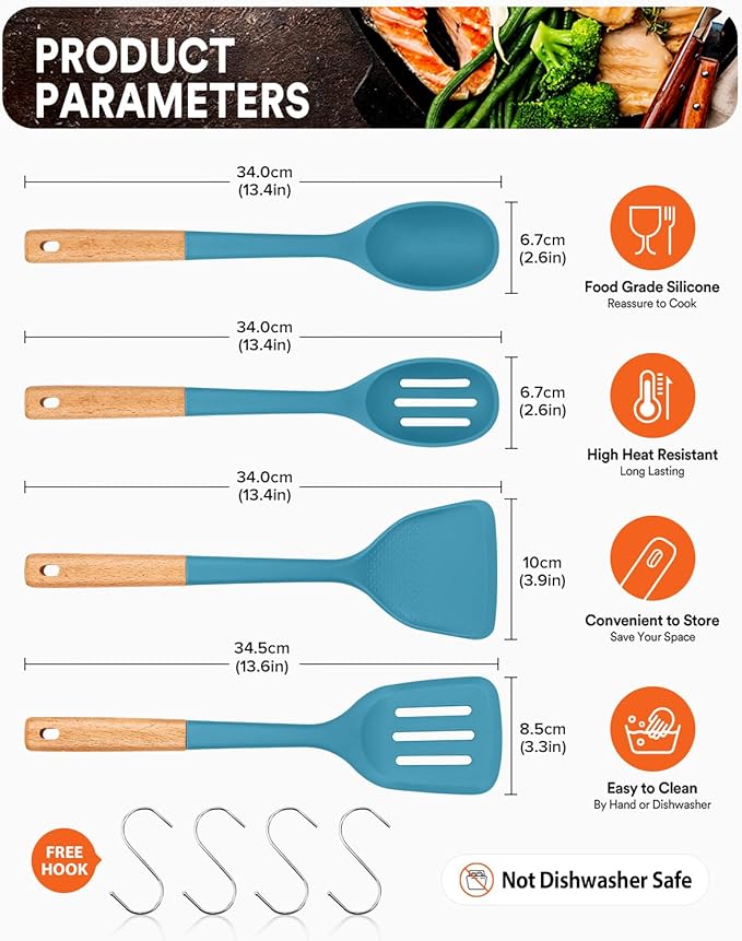 Silicone Cooking Utensils Set, Perfectly Angled for Frying, Mixing,Serving,Draining,Turning and Stirring, BPA-Free Matte Silicone, Wood Handles, Safe for Nonstick Cooking Surfaces,4 Pack (Blue) - Image 2