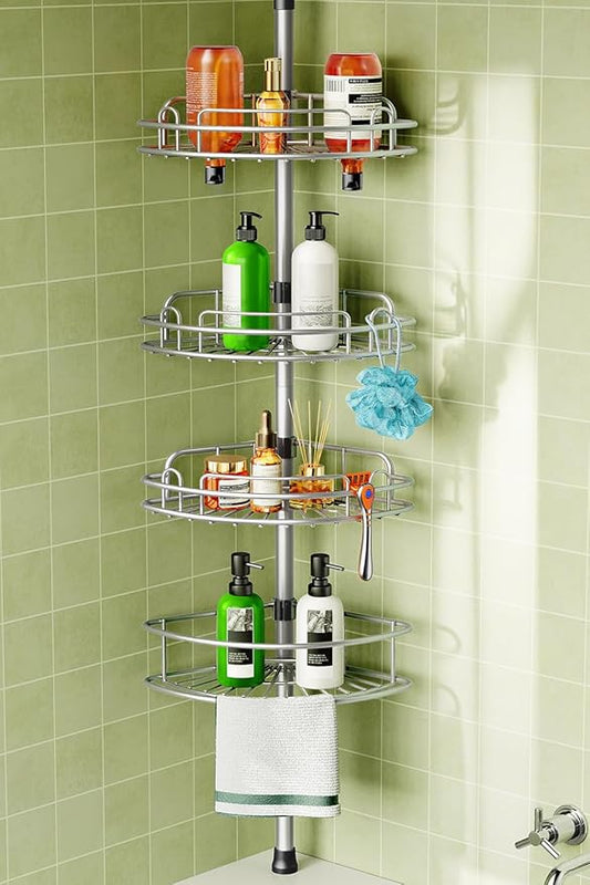 HAMITOR Corner Shower Caddy Tension Pole: 4-Tier Rust-Resistant Adjustable Bathroom Organizer Shelves - 47-121 Inch No-Drill Quick Installation - Space-Saving Storage for Renters Family - Silver Gray by HAMITOR