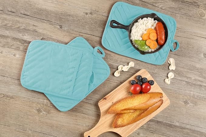Oven Pot Holder with Pocket Cotton Heat Resistant Coaster Potholder Kitchen Hot Pad Oven Mitts for Cooking Square 7"x9" Set of 3 (Aqua) - Image 7
