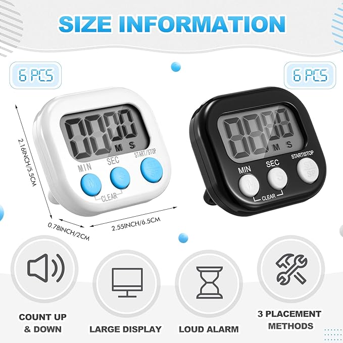 Xuhal 12 Pieces Digital Kitchen Timer Bulk, Small Magnetic Timers for Classroom, Digits Stopwatch Clock Timer for Cooking Baking Sports Games Office, Not Including Battery (Black,White) - Image 2