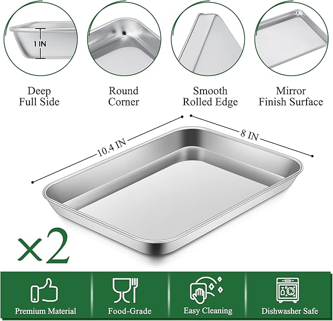 P&P CHEF 10.4 Inch Toaster Oven Pan with Rack Set, Stainless Steel Baking Pan Tray and Grid Cooling Rack for Cooking/Roasting, Dishwasher Safe & Easy to Clean, Non-toxic & Sturdy, (4Pcs)