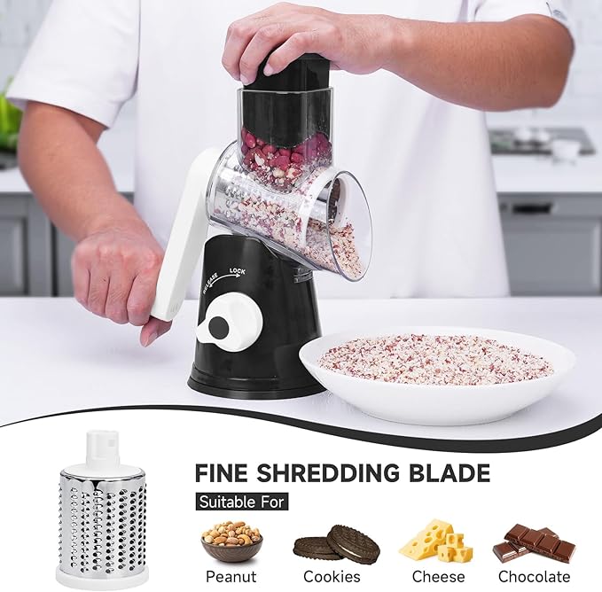 Rotary Cheese Grater with Handle, Kitchen Mandoline Vegetable Slicer with 3 Interchangeable Blades & Strong Suction Base, Easy to Clean Grater for Vegetables, Fruit, Nuts, Black - Image 4