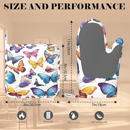 Colorful Butterflies Heat-Resistant Oven Mitts and Pot Holder Kitchen Non-Slip Silicone Cooking Microwave Gloves for Cooking Baking Grilling BBQ
