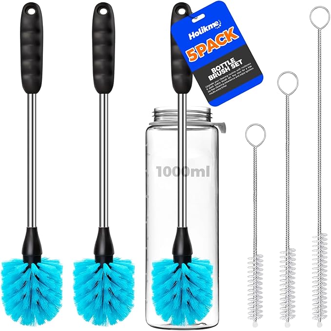 Holikme 5 Pack Bottle Brush Cleaner Set, 14" Long Handle Stainless Steel Bottle Cleaner Brush, 3 Straw Brushes, Bottle Cleaning Brush for Water Bottle, Cups, Baby Bottle, Straws Blue by Holikme