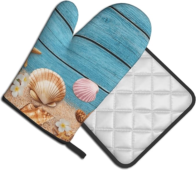 Coastal Oven Mitts and Pot Holders Sets Navy Blue Wooden Starfish Seashell Oven Glove Hot Pads for Kitchen Summer Beach Chef Gifts for Cooking Lover Cooks - Image 2