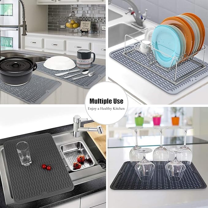 Large 14" x 11" Silicone Dish Drying Mat for Kitchen Counter, Easy clean, Quick Dry, Heat-resistant Dish Drainer Mat for Sink,Refrigerator or Drawer liner (Food Grade Silicone-Dark Blue) - Image 7