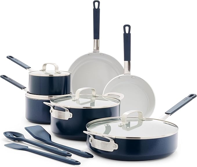 GreenPan x Bobby Flay 13 Piece Nonstick Cookware Pots and Pans Set, PFAS-Free Diamond Ceramic, Induction Suitable, Easy Clean Dishwasher & Oven Safe, Stay-Cool Silicone Handles, Glass Lids, Navy Blue by GreenPan