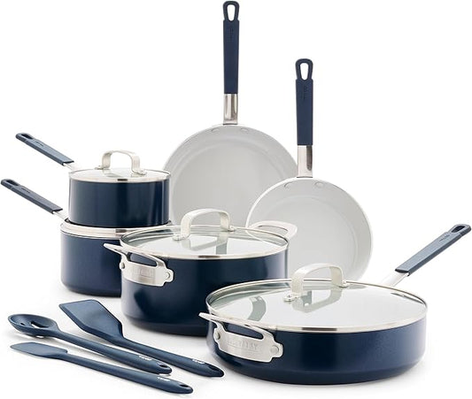 GreenPan x Bobby Flay 13 Piece Nonstick Cookware Pots and Pans Set, PFAS-Free Diamond Ceramic, Induction Suitable, Easy Clean Dishwasher & Oven Safe, Stay-Cool Silicone Handles, Glass Lids, Navy Blue by GreenPan