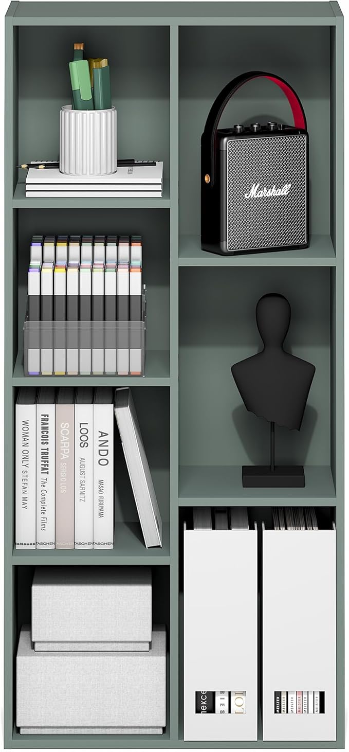 Furinno LUDER Book Shelf, 7-Cube Bookshelf, Bookcase with Open Shelves, 9.4 x 19.5 x 41.7, Easy Assembly, for Living Room, Bedroom, Home Office, Sage Green - Image 5