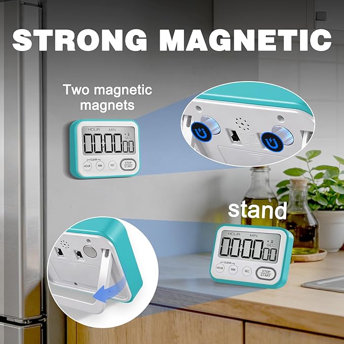 Digital Kitchen Timer Magnetic Loud Alarm, Large LCD Screen Silent/Beeping Multi-Function for Teachers Classroom Kids, Sky Blue - Image 4