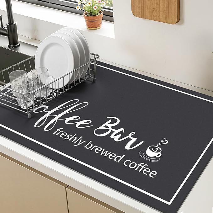 Findosom Dish Drying Mat, 18" x 24" Super Absorbent & Hide Stain Coffee Mat, Cuttable Drying Mat for Kitchen Counter, Coffee Bar Accessories, Under Dish Rack, Coffee Maker, Espresso Machine, Black - Image 9