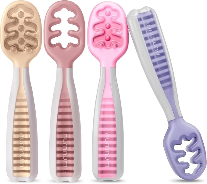 NumNum Baby Spoons Set, Baby Essentials Pre-Spoon GOOtensils for 6+ Months, First Stage Self-Feeding Spoons for Baby Led Weaning (BLW), Silicone Toddler Utensils, BPA-Free, 4 Pack Sweet Dreams by NumNum