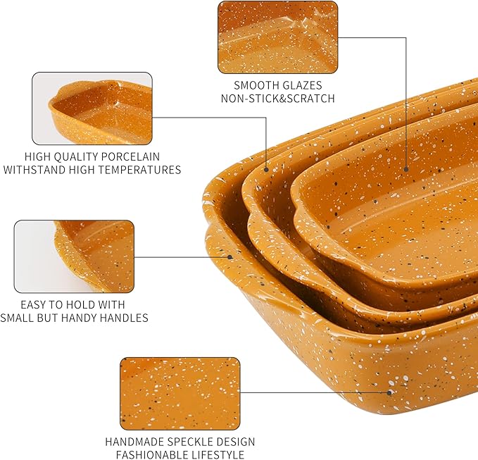 Ceramic Baking Dish Set of 3, Casserole for Oven,Rectangular Bakeware Dishes with Handles,Lasagna Pan Deep,Handcraft Speckle Stoneware Series (13.8''/12''/9.6''Orange) - Image 5