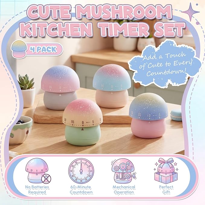 Amylove 4 Pieces Cute Kitchen Timer Animal Mechanical Manual 60 Minutes Loud Alarm Egg Windup Timer for Adults(Mushroom)