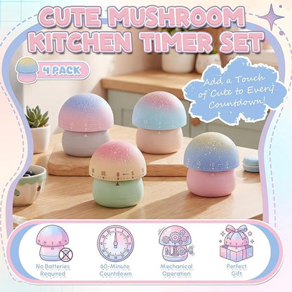 Amylove 4 Pieces Cute Kitchen Timer Animal Mechanical Manual 60 Minutes Loud Alarm Egg Windup Timer for Adults(Mushroom)