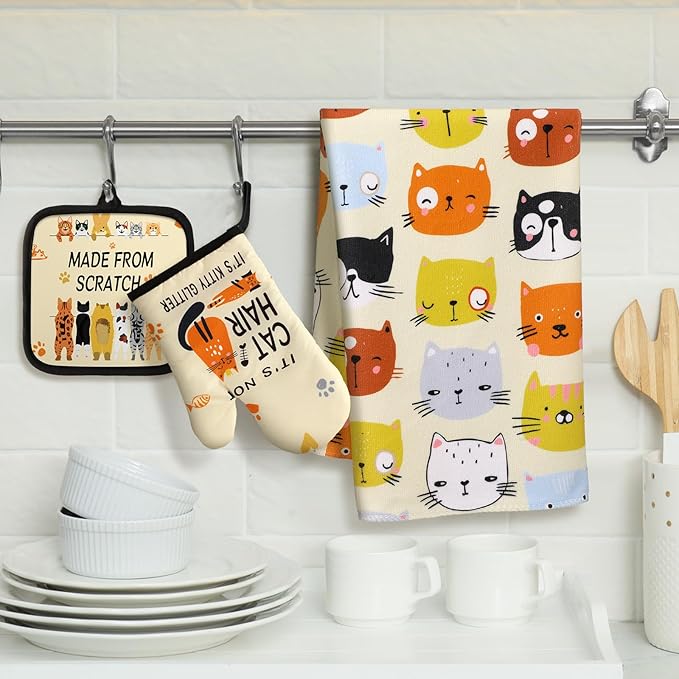 Jingmore 6 Pcs Kitchen Decor Set Accessorie Farmhouse Kitchen Towels Pot Holders Oven Mitts Set 2 Dish Towels 2 Pot Holders 2 Cooking Mittens Oven Glove for Cooking(Vivid Color,Cat) - Image 2