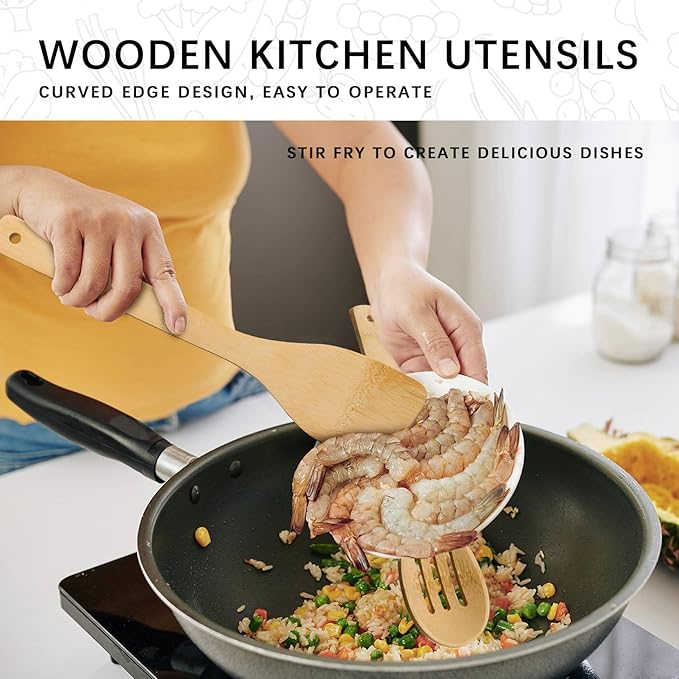 Wooden Spoons for Cooking, 4PCS Wooden Utensil Set Includes Slotted Spoon, Wooden Spoon & Wooden Spatula, Bamboo Cooking Utensils for Non-Stick Pans, Natural Bamboo Utensils - Image 5