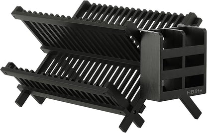 HBlife Dish Rack, Bamboo Folding 2-Tier Collapsible Drainer Dish Drying Rack with Utensils Flatware Holder Set (Dish Rack with Utensil Holder) by HBlife