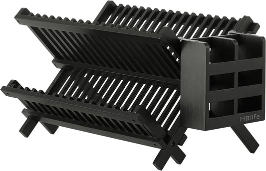 HBlife Dish Rack, Bamboo Folding 2-Tier Collapsible Drainer Dish Drying Rack with Utensils Flatware Holder Set (Dish Rack with Utensil Holder) by HBlife