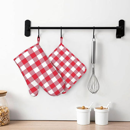 Red and White Checkered Oven Mitts and Pot Holders Set, 4pcs Red and White Plaid Silicone Oven Glove for Kitchen Heat Resistant Oven Mitts and Potholders Non-Slip for Cooking