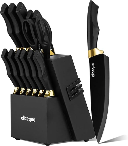 Knife Set With Block,Dishwasher Safe Kitchen Knife Set With Built-In Sharpener,German Stainless Steel Black Knife Block Set(Night Flash Series)