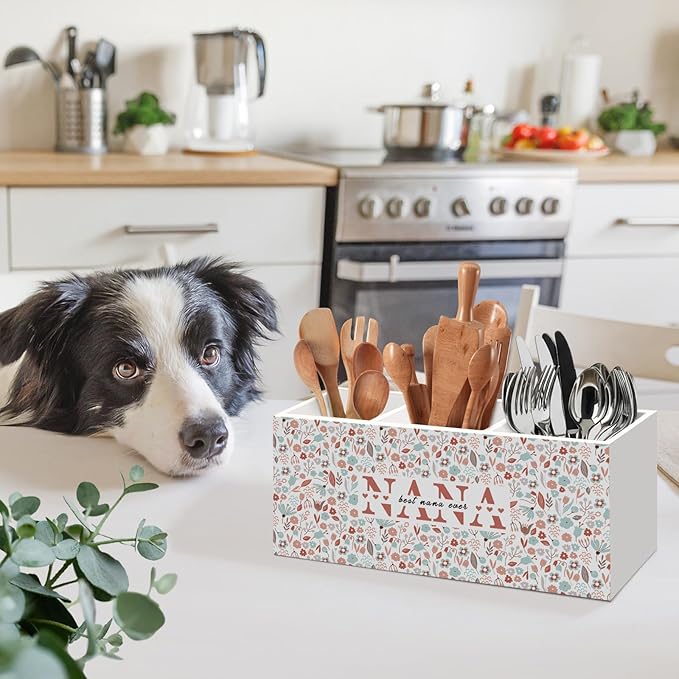 Best Nana Ever Gifts Kitchen Utensil Holder, Mothers Day Birthday Gift for Grandma from Grandkids, Grandma Gifts for Mimi Gigi, Nana Gift Floral Wooden Cooking Utensil Pencil Holders