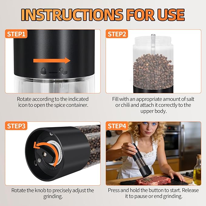 Electric Salt & Pepper Grinder Set of 2,Adjustable Coarseness with USB C Charging Rechargeable for Women &Men (Black Set)